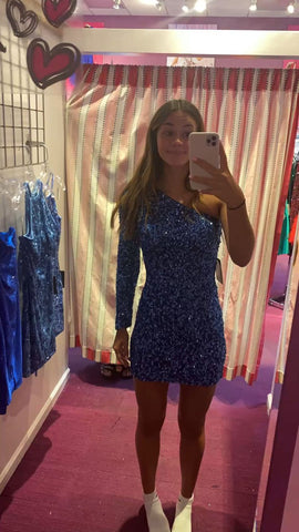 Vestido corto de fiesta con lentejuelas brillantes de una sola manga Y1199
