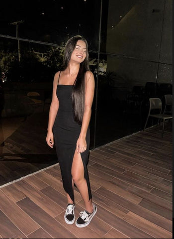 Vestido de fiesta vintage ajustado de tirantes finos, sexy, con abertura, color negro, modelo Y1187