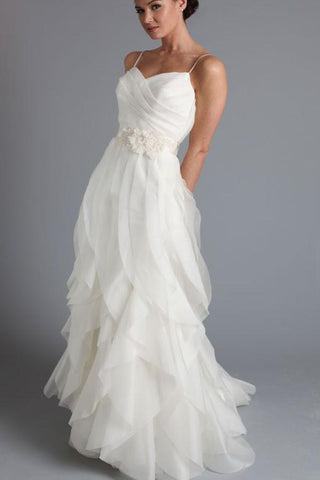 Spaghetti Straps Ruffled Tulle Simple Floor Length Wedding Dresses
