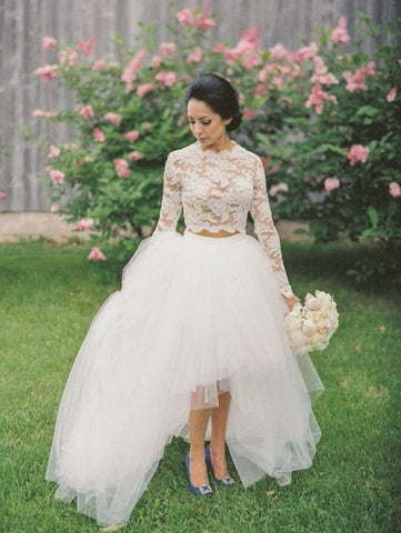 Baoleely Robes de mariée Deux pièces Haut Bas Jupe en tulle Haut en dentelle Manches longues Ras du cou Femmes Robe de mariée robe de mariee novia mariage