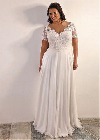Robe de mariée grande taille en mousseline de soie, coupe trapèze, avec appliques en dentelle perlée, manches courtes, lacets dans le dos, taille 28W