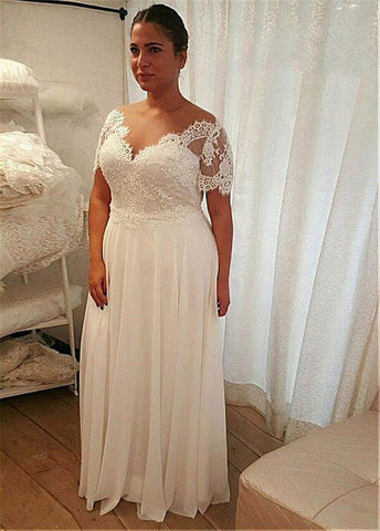 Robe de mariée grande taille en mousseline de soie, coupe trapèze, avec appliques en dentelle perlée, manches courtes, lacets dans le dos, taille 28W