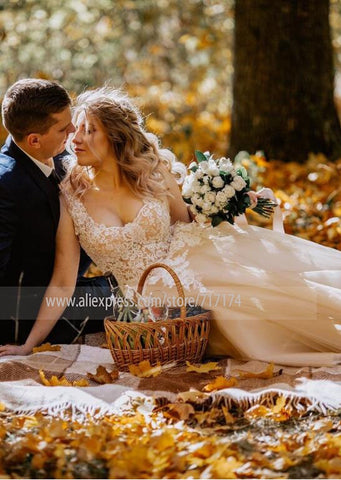 Baoleely – Robe de mariée trapèze élégante à col en V et manches courtes en dentelle avec perles et lacets, couleur champagne