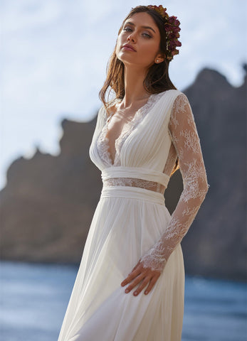 Robe de mariée bohème Baoleely 2021, manches longues, col en V, longueur au sol, en mousseline, coupe trapèze, dos en dentelle, avec ceinture, charmante pour femmes