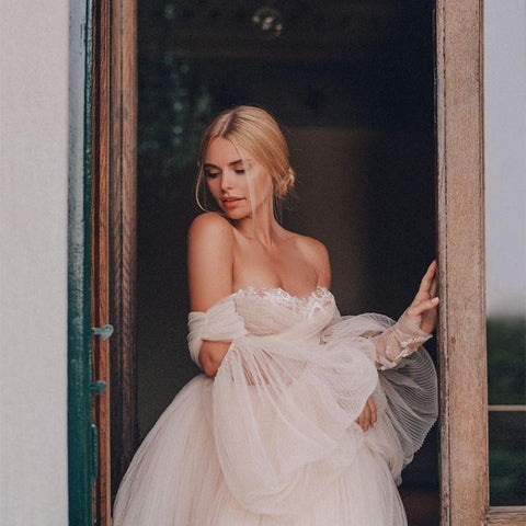 Baoleely Vestido de novia Vestidos de gala Manga larga abullonada Champán con hombros descubiertos Vestidos de novia brillantes robe de mariée bohème vestidos de novia