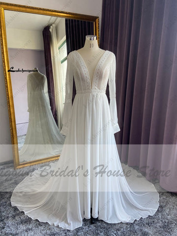 Baoleely Vestidos Boho Bridal Manches Longues Robes De Mariée A-Line Robe Longue Simple Plage Mousseline Longue Robes De Mariée Col V Profond