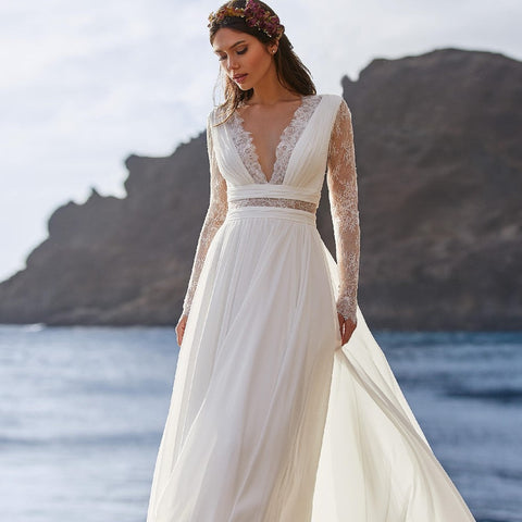Robe de mariée bohème Baoleely 2021, manches longues, col en V, longueur au sol, en mousseline, coupe trapèze, dos en dentelle, avec ceinture, charmante pour femmes