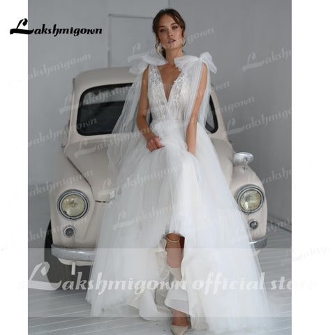 Baoleely robe de mariée dentelle Tulle dos nu col en V nœud robes de mariée élégante forme en V dos robe de soirée de mariage Lakshmigown