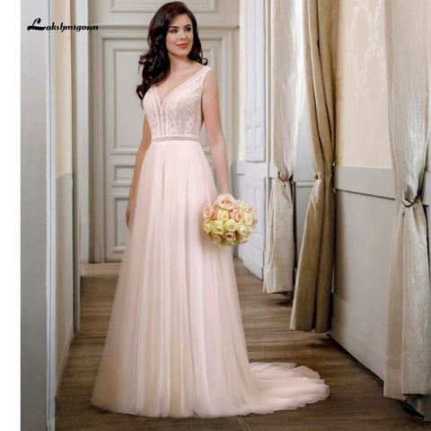 Roycebridal Robe de mariée en dentelle à col en V et dos nu, style bohème, coupe trapèze, rose blush, dos en V, élégante