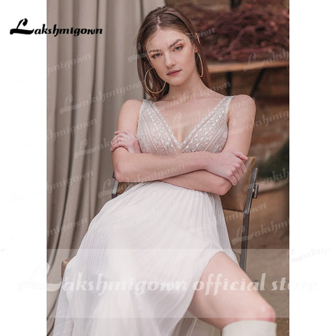 Baoleely robe de mariée sin espalda col en V profond Sexy dentelle haute manches fendues dos ouvert robes de mariée robe de fiesta de boda