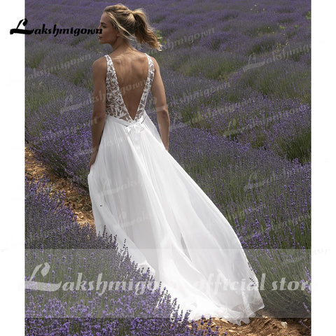 Baoleely V Neck Lace Sleeveless Open Back Elegant Wedding Dresses for women Beach Sweep Train robe de fête de mariage Lakshmigown