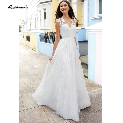 Baoleely robe para boda playa sans manches dentelle col en V Simple Hobo robe de mariée dos nu style bohème robe de fiesta de boda