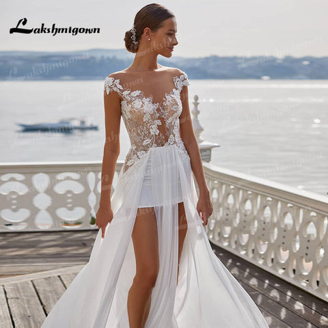 Baoleely Sexy Plage Robes De Mariée Longue Dentelle Col V Fendue A-ligne Robes De Mariée Blanc Dos Nu Trouwjurken Robe Novia