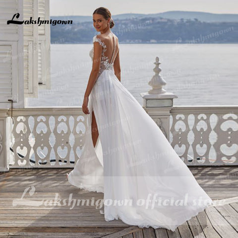 Baoleely Sexy Plage Robes De Mariée Longue Dentelle Col V Fendue A-ligne Robes De Mariée Blanc Dos Nu Trouwjurken Robe Novia