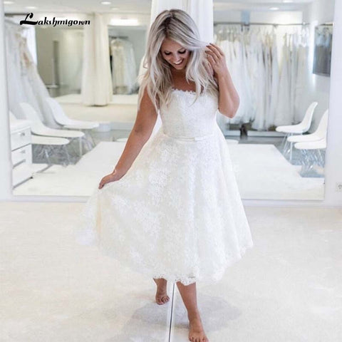 Baoleely Robe de mariée vintage sans bretelles, longueur thé, en dentelle, robe de mariée courte