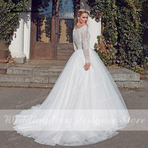 Baoleely Vintage Plage Princesse Robes De Mariée À Manches Longues Robe De Bal Col Bateau Robe Mariee Blanc Boho Robes De Mariée robe de mariée