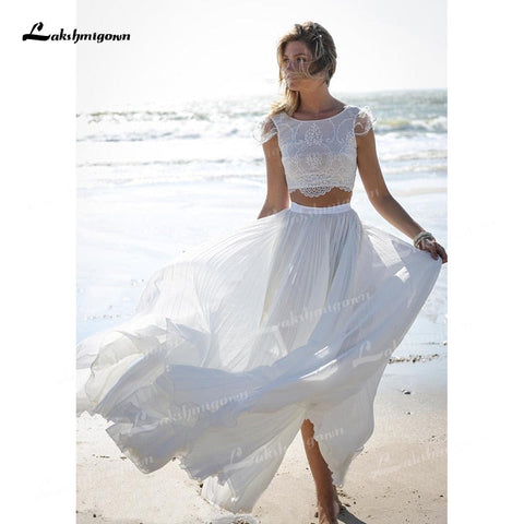 Baoleely – Robe de mariée deux pièces unique, col bateau, haut en dentelle, manches courtes et jupe en mousseline de soie, traîne à balayage, robe de mariée de plage