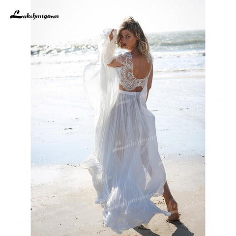 Baoleely – Robe de mariée deux pièces unique, col bateau, haut en dentelle, manches courtes et jupe en mousseline de soie, traîne à balayage, robe de mariée de plage