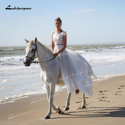 Baoleely – Robe de mariée deux pièces unique, col bateau, haut en dentelle, manches courtes et jupe en mousseline de soie, traîne à balayage, robe de mariée de plage