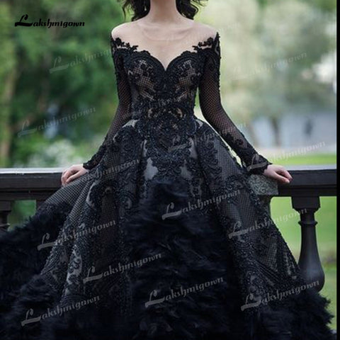 Baoleely – Robe de mariée trapèze noire style gothique, effet illusion, sexy, col rond, manches longues, traîne, appliques, plumes, perles, tulle