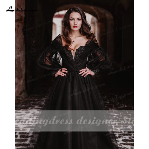 Baoleely Fantasy Robes de mariée noires à manches longues Solstice d'hiver Elopement Robe de mariée gothique pour Halloween Witchy Vestido Novia