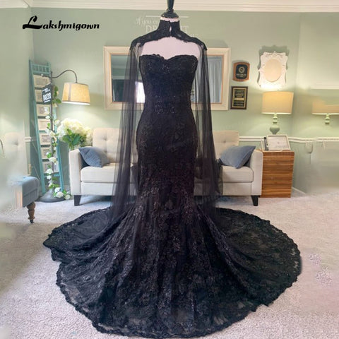 Baoleely Baoleely 2022 Robes de mariée gothiques élégantes avec cape voile robes de mariée noires sans bretelles avec paillettes dentelle florale robe mariage femme
