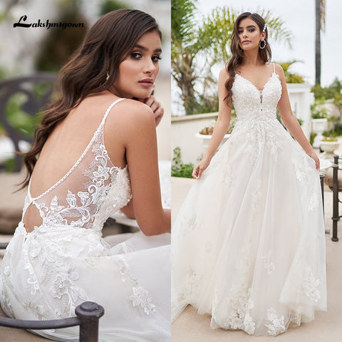 Baoleely Vintage A-Line Beach Wedding Dress With Beaded Floral Lace Appliques Simply Spaghetti Straps Boho Bridal Gown robe de mariée