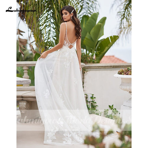 Baoleely Vintage A-Line Beach Wedding Dress With Beaded Floral Lace Appliques Simply Spaghetti Straps Boho Bridal Gown robe de mariée