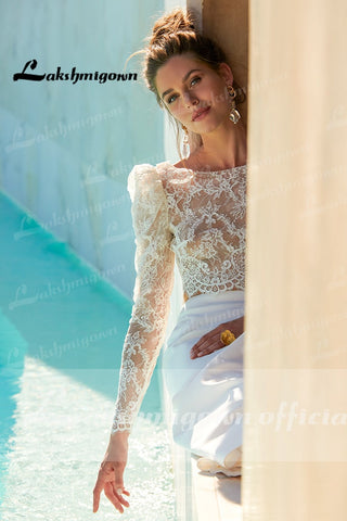 Baoleely Deux pièces Robes de mariée Civil Boho Robes de mariée Haut en dentelle Manches longues Robe fendue sur le devant Princesse blanche Lakshmigown