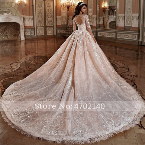 Baoleely Robes de mariée manches longues princesse Dentelle Robe de bal Robes de mariée Appliques de fleurs Perles Train chapelle Robes de mariée vintage