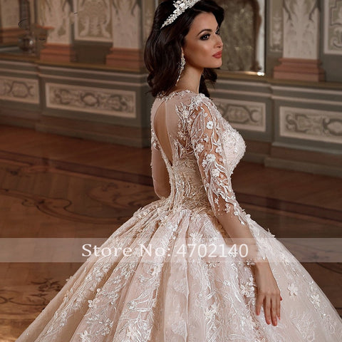 Baoleely Robes de mariée manches longues princesse Dentelle Robe de bal Robes de mariée Appliques de fleurs Perles Train chapelle Robes de mariée vintage