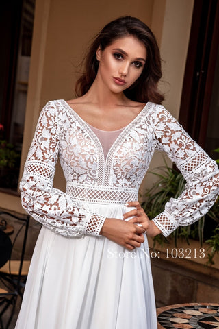 Baoleely Bohème Dentelle Manches Longues Robes De Mariée En Mousseline De Soie Balayage Train Vintage Encolure Dégagée Robes De Mariée Perles Plage Robe De Mariée