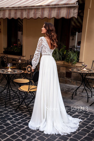 Baoleely Bohème Dentelle Manches Longues Robes De Mariée En Mousseline De Soie Balayage Train Vintage Encolure Dégagée Robes De Mariée Perles Plage Robe De Mariée