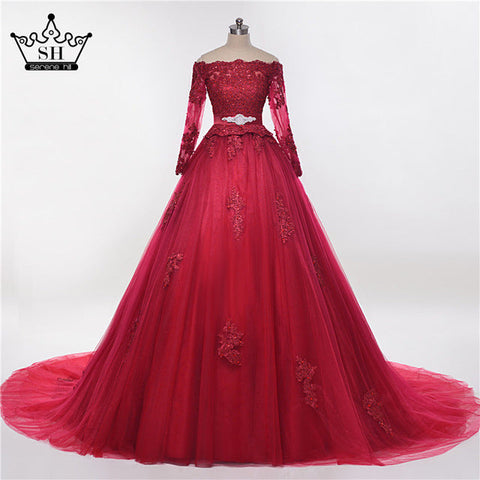 Vestido de novia árabe burdeos con volantes, elegante, de encaje, largo hasta el suelo, tul de alta calidad HA2011