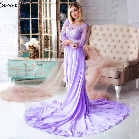 Robe de soirée violette à manches longues et perles en cristal HA2096