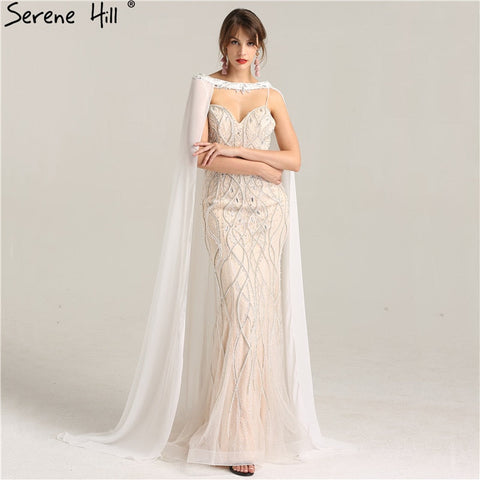 Robe de mariée sirène blanche à perles et cristaux, couleur chair, avec bonnet, LA6098