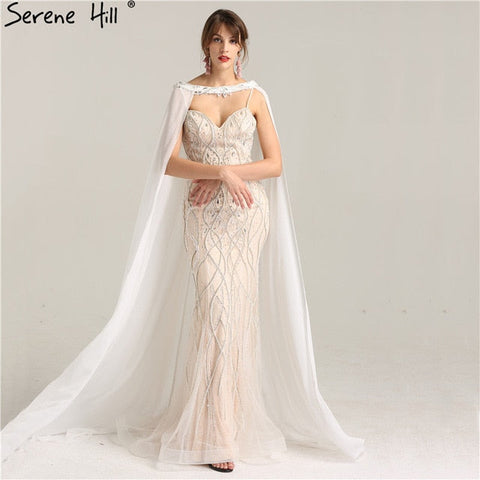 Robe de mariée sirène blanche à perles et cristaux, couleur chair, avec bonnet, LA6098