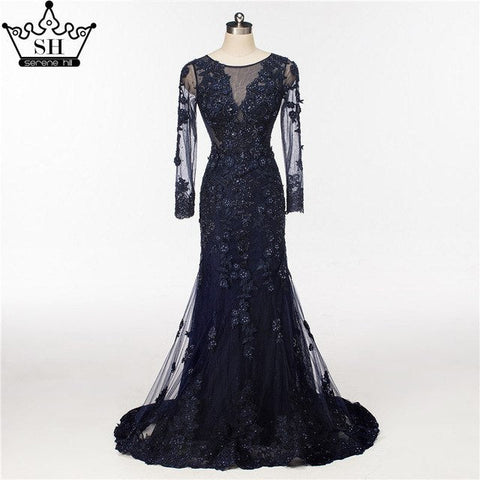 Elegant Mermaid Tulle Long Evening Dresses Pearls Crystal LA6087