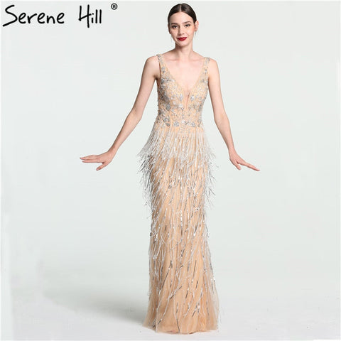 Robe de soirée sirène sexy en tulle doré, décolleté plongeant en V, avec perles et paillettes, luxueuse robe de soirée 2025 LA6104