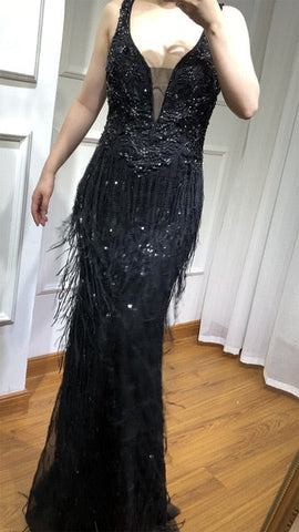 Robe de soirée sirène sexy en tulle doré, décolleté plongeant en V, avec perles et paillettes, luxueuse robe de soirée 2025 LA6104