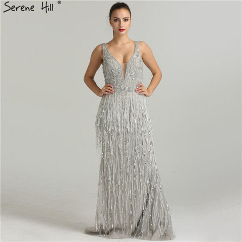 Robe de soirée sirène sexy en tulle doré, décolleté plongeant en V, avec perles et paillettes, luxueuse robe de soirée 2025 LA6104