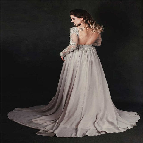 On Sale No Return No Refund Gray Beading Crystal Formal Long Sleeve Evening Dress HA2097