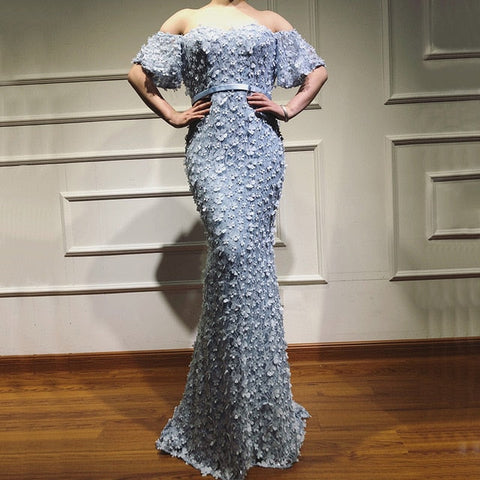 Robe de soirée sirène sexy sans bretelles, manches courtes, broderies de perles, LA6519