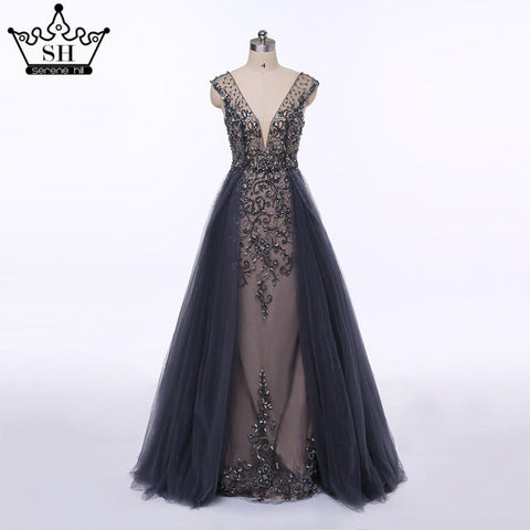 Hard Beading Navy  Blue With Train  Evening Dress Long Diamond Crystal Tulle Formal Evening Dress 2025 LA6185