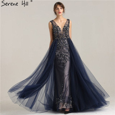 Hard Beading Navy  Blue With Train  Evening Dress Long Diamond Crystal Tulle Formal Evening Dress 2025 LA6185