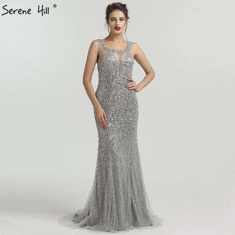 En solde, aucun retour ni remboursement. Robe de soirée élégante et luxueuse, sans manches, style sirène, paillettes scintillantes, grise, LA6580