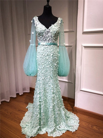 Robe de soirée sirène à manches longues et col en V, motif fleurs et perles, en solde, sans retour ni remboursement, LA6514