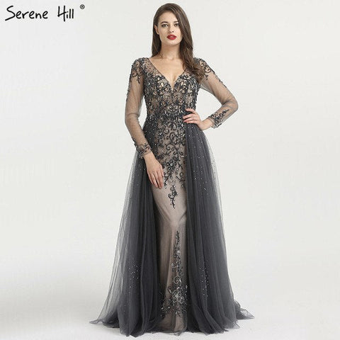 Long Sleeve Sexy V-Neck New Evening Dress 2025 A-Line Fashion Diamond Beading With Train Evening Dress Real Photo LA6571