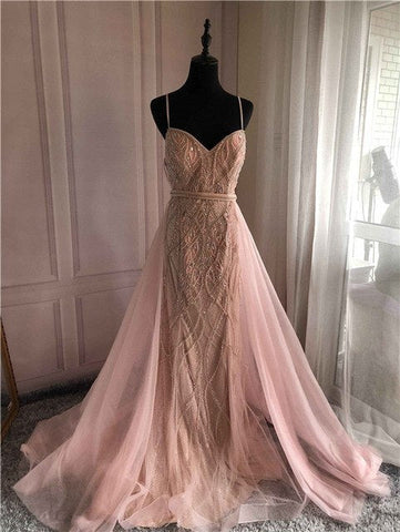 Robe de soirée sirène blanche et nude avec perles et cristaux LA6242