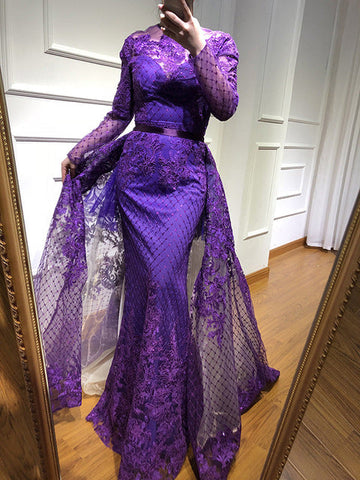 Robe de soirée violette à manches longues, en solde, sans retour ni remboursement, LA6548